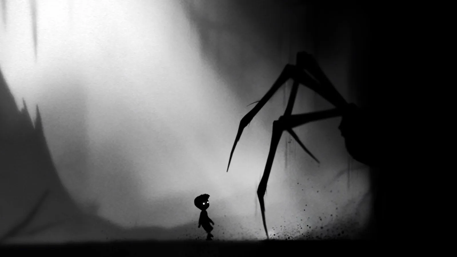 A small figure silhouetted against a pale, misty forest in the game LIMBO