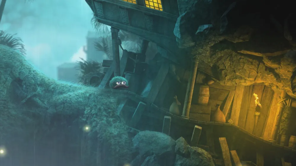Leo, a round fuzzy creature, rolling across a lush hand-painted landscape in Leo's Fortune