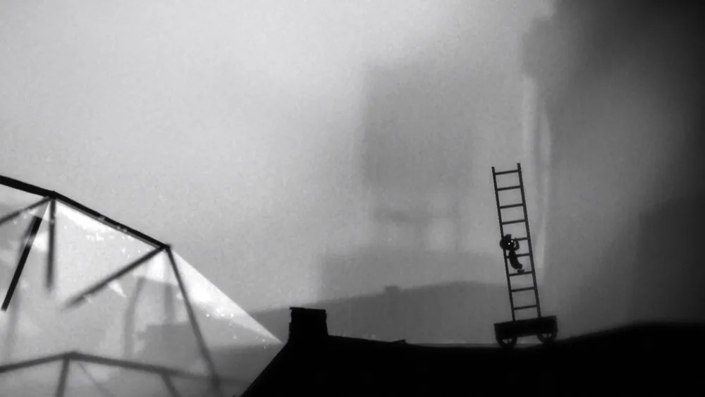 A boy silhouette on a rope near a giant spider leg in the monochrome world of LIMBO