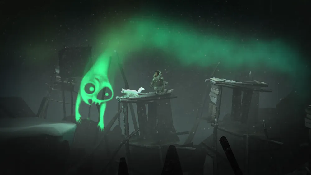 A girl and a white fox crossing a snowy landscape in Never Alone