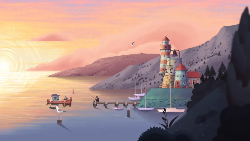 An old man resting on a hillside path under warm sunset colours in Old Man's Journey